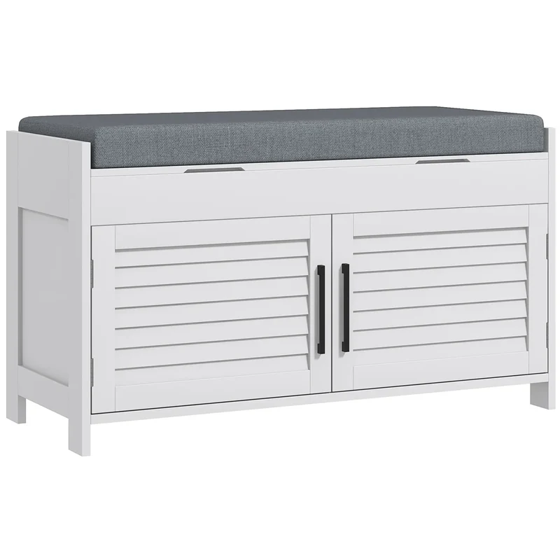 Entryway Bench with Cushion, Hidden Storage, 35.4", White