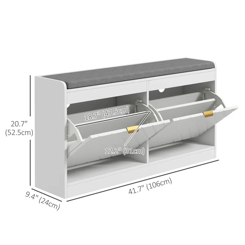 Shoe Storage Bench with Seat, 2 Flip Drawers, 4 Vents, Holds 8 Pairs