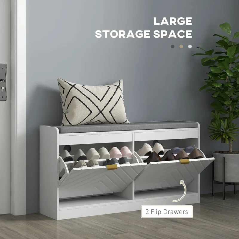 Shoe Storage Bench with Seat, 2 Flip Drawers, 4 Vents, Holds 8 Pairs