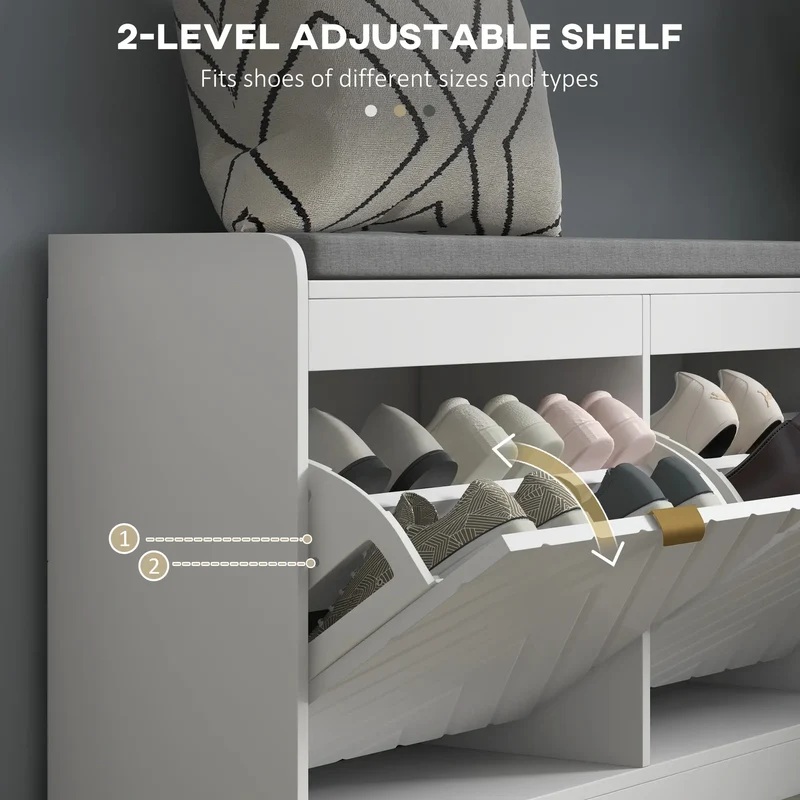 Shoe Storage Bench with Seat, 2 Flip Drawers, 4 Vents, Holds 8 Pairs