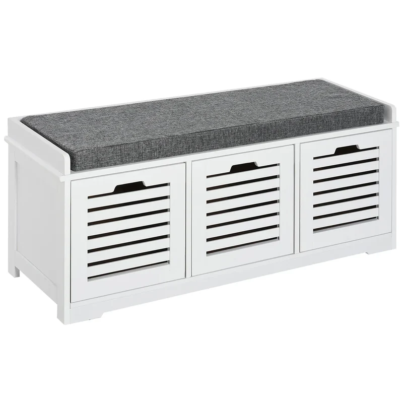 Upholstered Shoe Cabinet Bench, 3 Drawer Storage, White