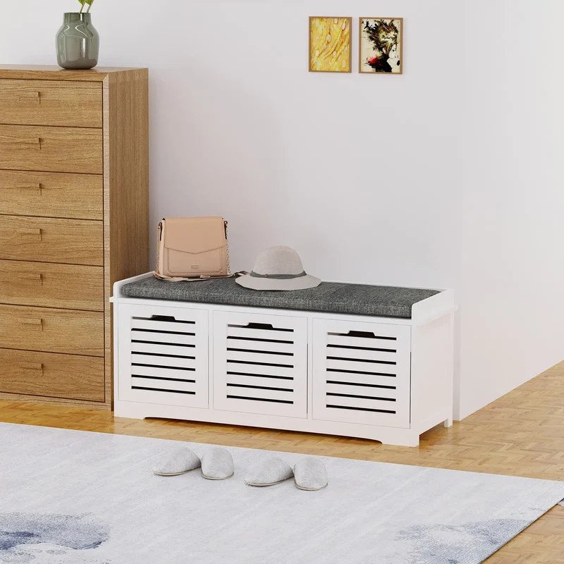 Upholstered Shoe Cabinet Bench, 3 Drawer Storage, White
