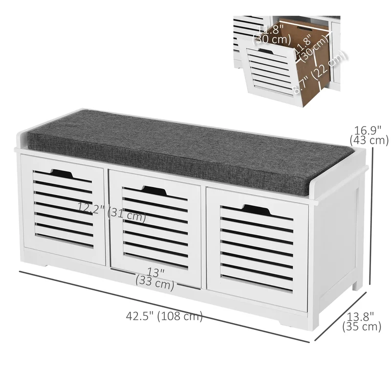 Upholstered Shoe Cabinet Bench, 3 Drawer Storage, White