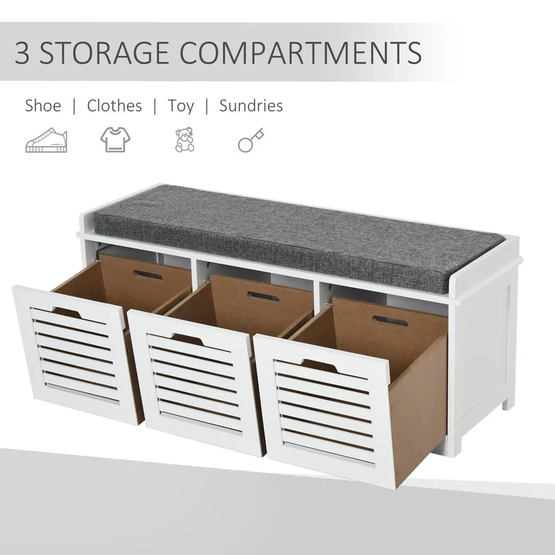 Upholstered Shoe Cabinet Bench, 3 Drawer Storage, White