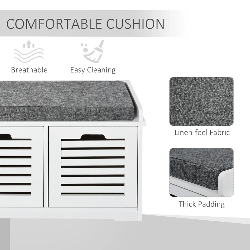 Upholstered Shoe Cabinet Bench, 3 Drawer Storage, White