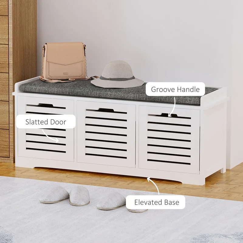 Upholstered Shoe Cabinet Bench, 3 Drawer Storage, White