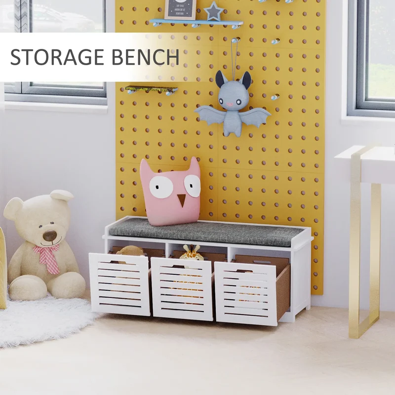 Upholstered Shoe Cabinet Bench, 3 Drawer Storage, White