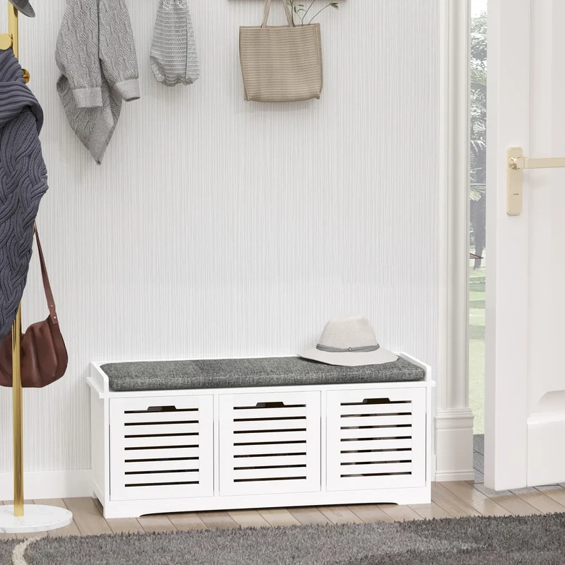 Upholstered Shoe Cabinet Bench, 3 Drawer Storage, White
