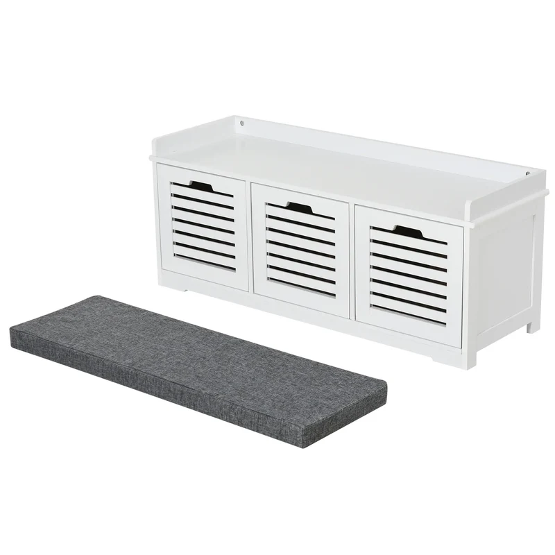 Upholstered Shoe Cabinet Bench, 3 Drawer Storage, White