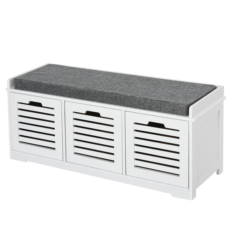 Upholstered Shoe Cabinet Bench, 3 Drawer Storage, White