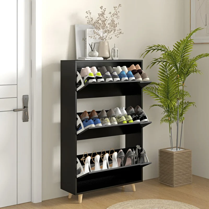 Slim Shoe Storage Cabinet, 3 Flip Drawers, Adjustable Shelves, 18-24 Pairs, Black
