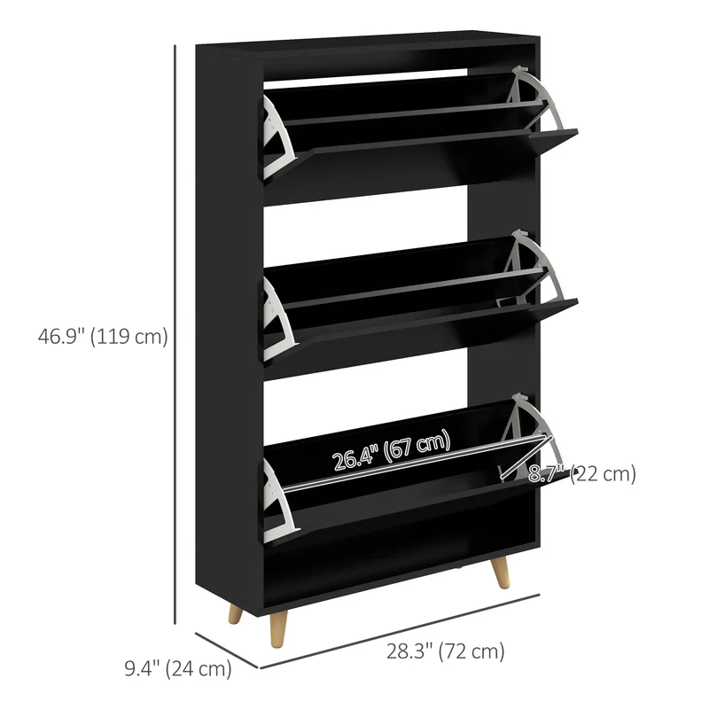 Slim Shoe Storage Cabinet, 3 Flip Drawers, Adjustable Shelves, 18-24 Pairs, Black
