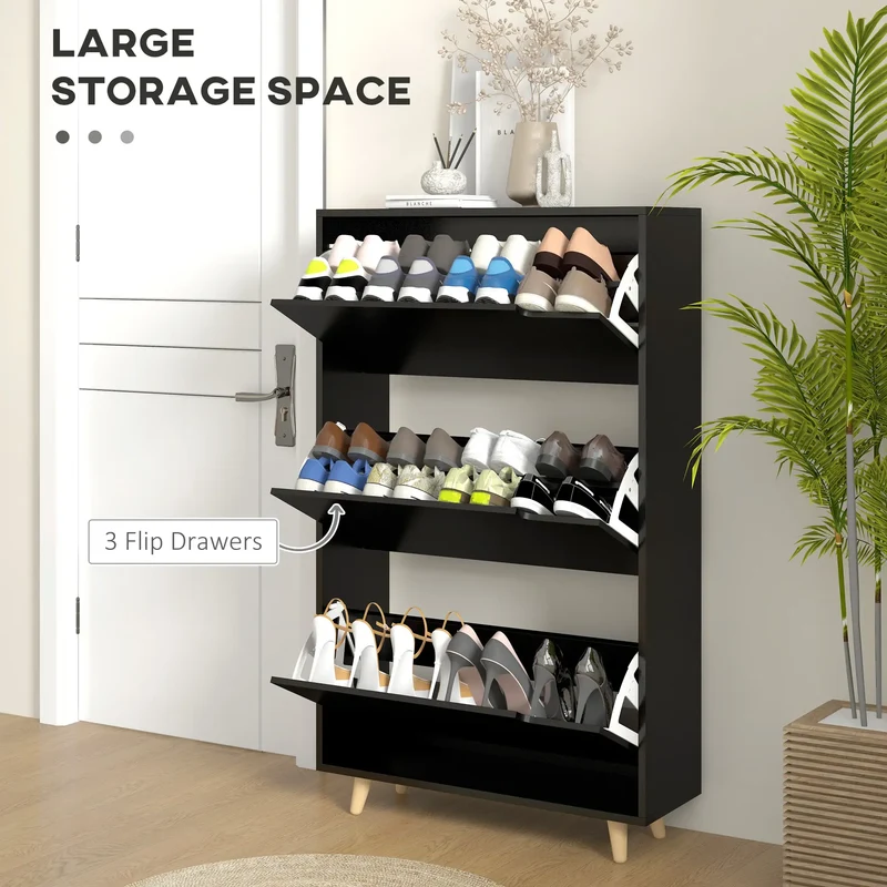 Slim Shoe Storage Cabinet, 3 Flip Drawers, Adjustable Shelves, 18-24 Pairs, Black