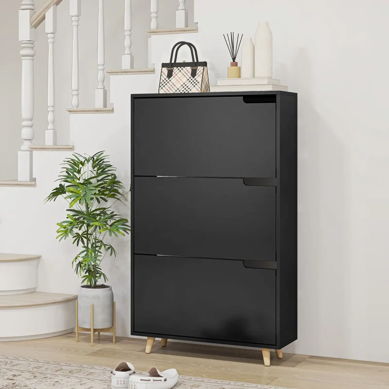 Slim Shoe Storage Cabinet, 3 Flip Drawers, Adjustable Shelves, 18-24 Pairs, Black