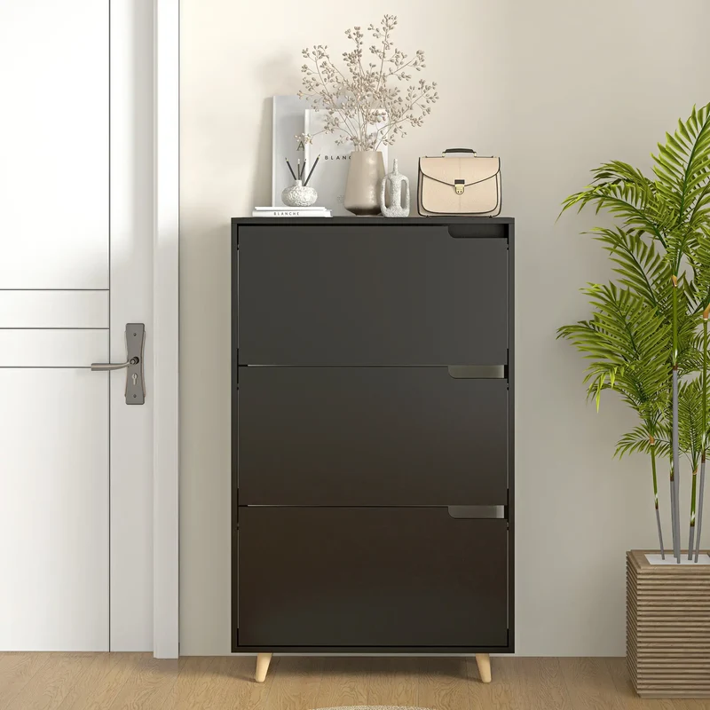 Slim Shoe Storage Cabinet, 3 Flip Drawers, Adjustable Shelves, 18-24 Pairs, Black