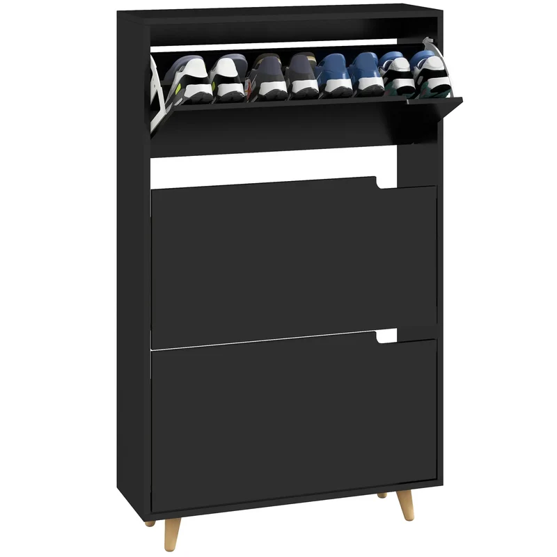 Slim Shoe Storage Cabinet, 3 Flip Drawers, Adjustable Shelves, 18-24 Pairs, Black