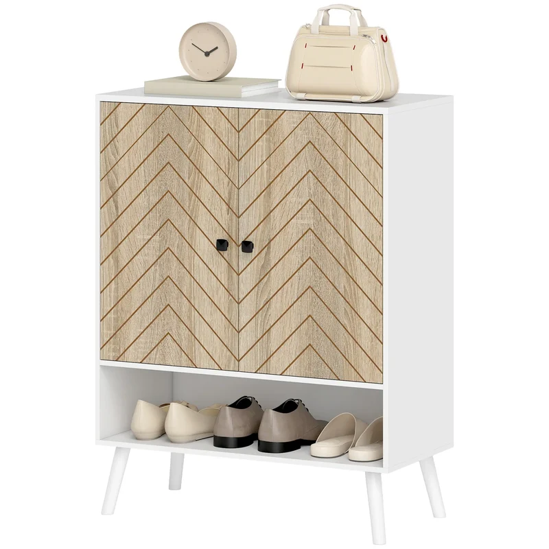 5-Tier Shoe Storage Cabinet With Doors, Adjustable Shelves, 15 Pairs, Natural Tone