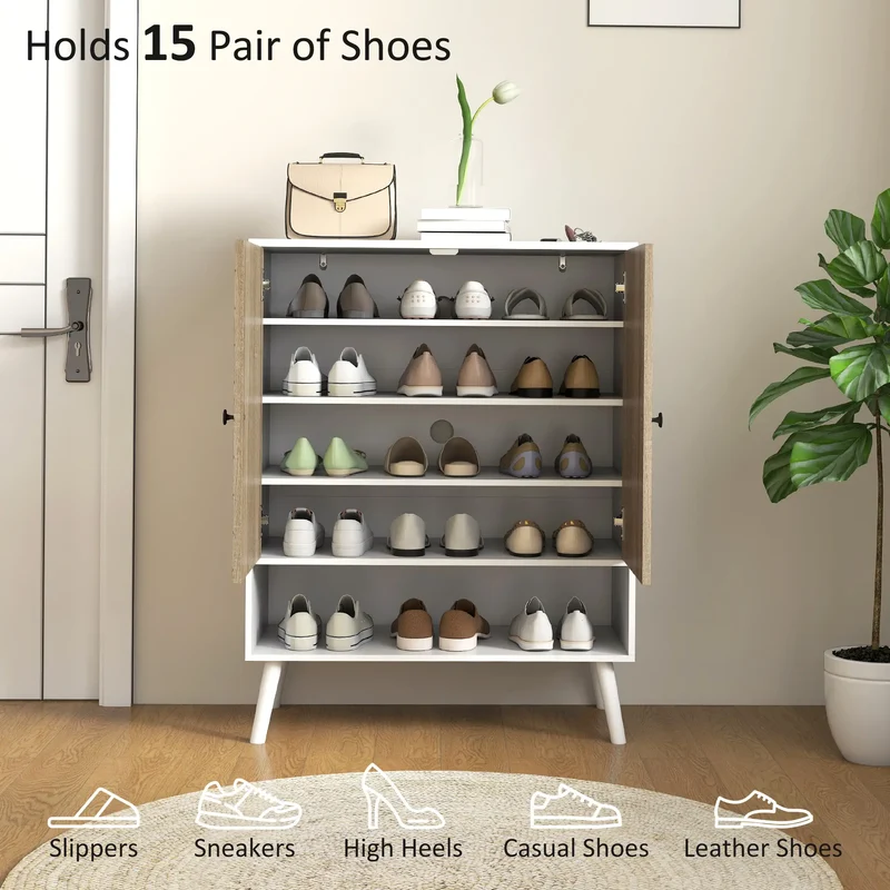 5-Tier Shoe Storage Cabinet With Doors, Adjustable Shelves, 15 Pairs, Natural Tone