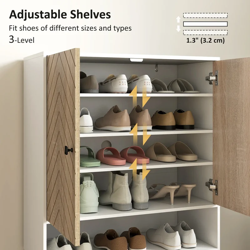 5-Tier Shoe Storage Cabinet With Doors, Adjustable Shelves, 15 Pairs, Natural Tone