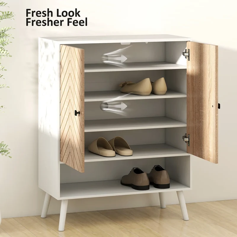 5-Tier Shoe Storage Cabinet With Doors, Adjustable Shelves, 15 Pairs, Natural Tone