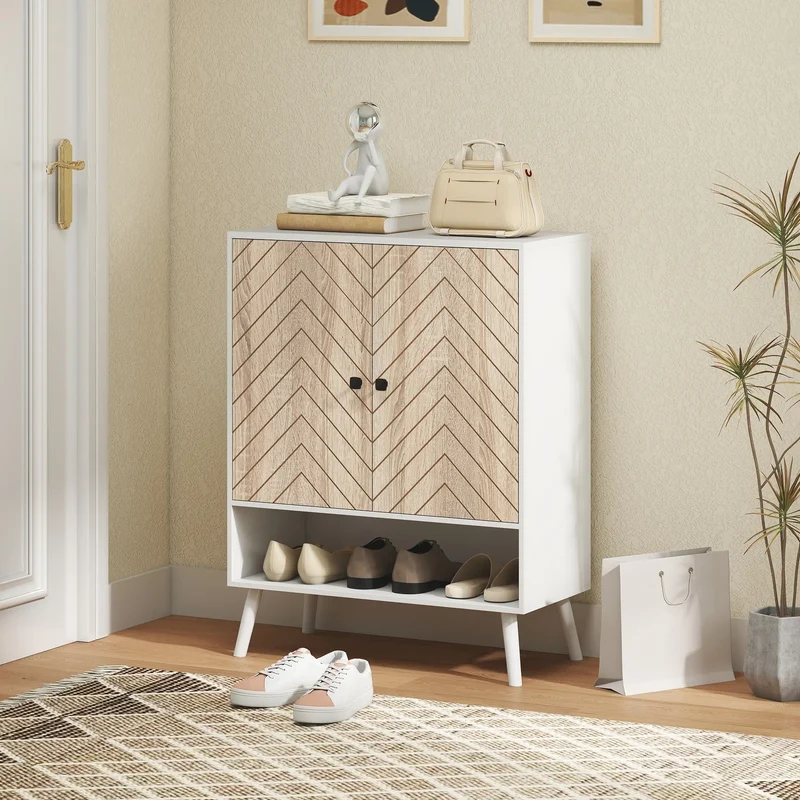 5-Tier Shoe Storage Cabinet With Doors, Adjustable Shelves, 15 Pairs, Natural Tone