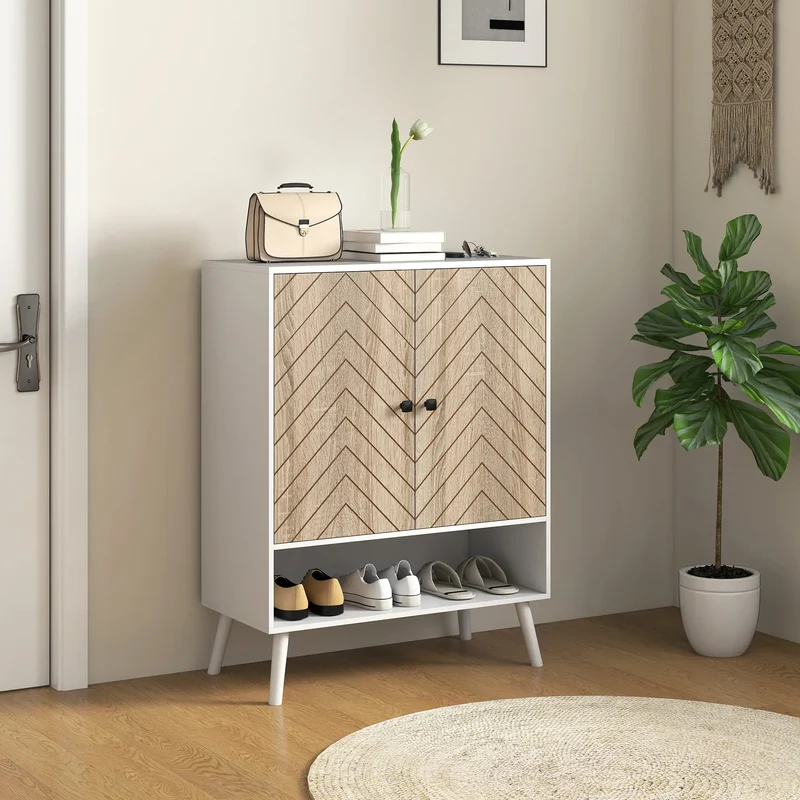 5-Tier Shoe Storage Cabinet With Doors, Adjustable Shelves, 15 Pairs, Natural Tone