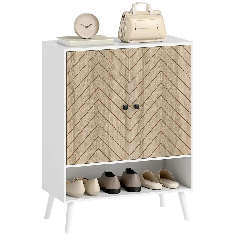 5-Tier Shoe Storage Cabinet With Doors, Adjustable Shelves, 15 Pairs, Natural Tone