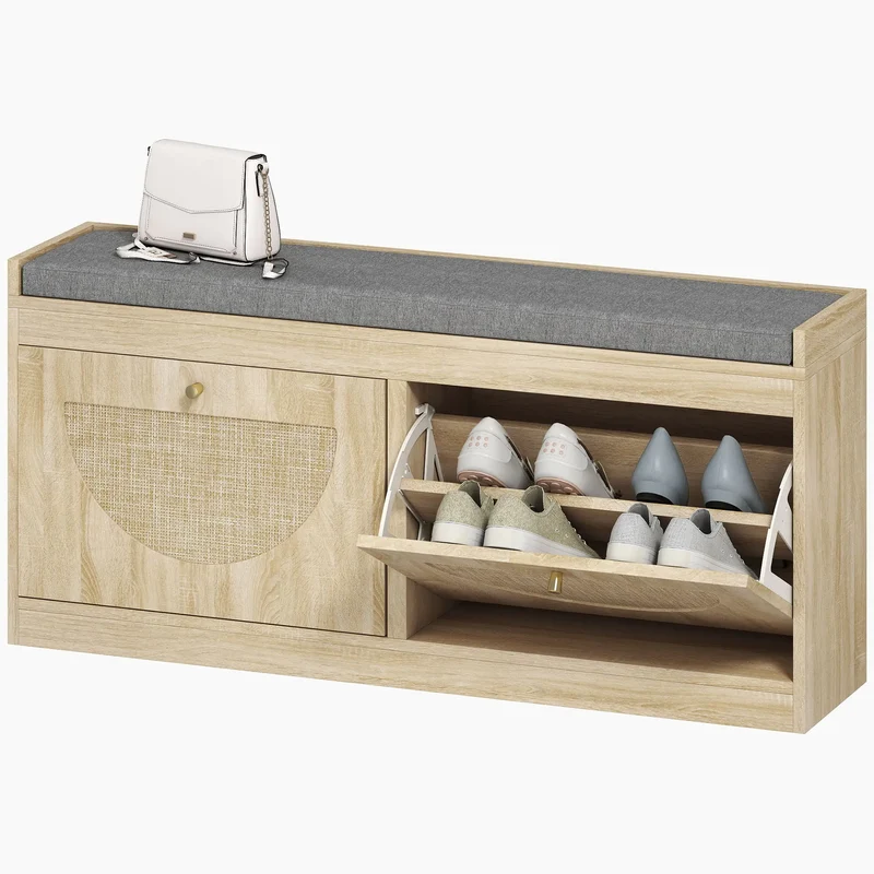Shoe Bench with Flip Doors, Seat Cushion, Adjustable Shelves, Natural Wood