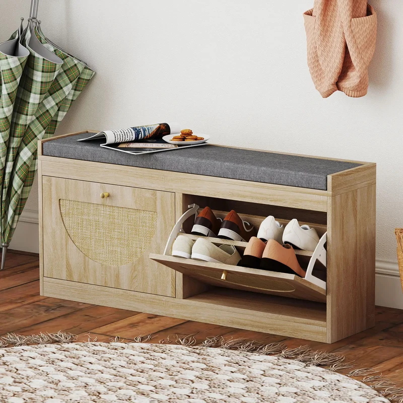 Shoe Bench with Flip Doors, Seat Cushion, Adjustable Shelves, Natural Wood