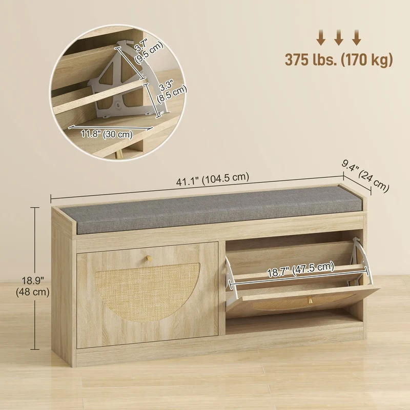 Shoe Bench with Flip Doors, Seat Cushion, Adjustable Shelves, Natural Wood