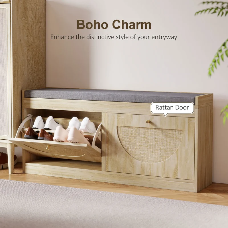 Shoe Bench with Flip Doors, Seat Cushion, Adjustable Shelves, Natural Wood