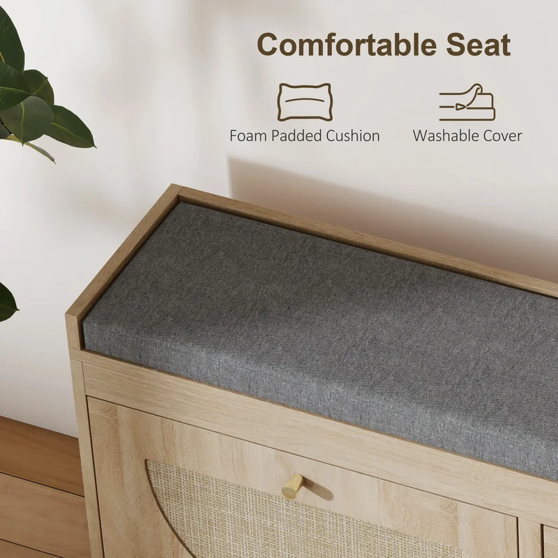 Shoe Bench with Flip Doors, Seat Cushion, Adjustable Shelves, Natural Wood