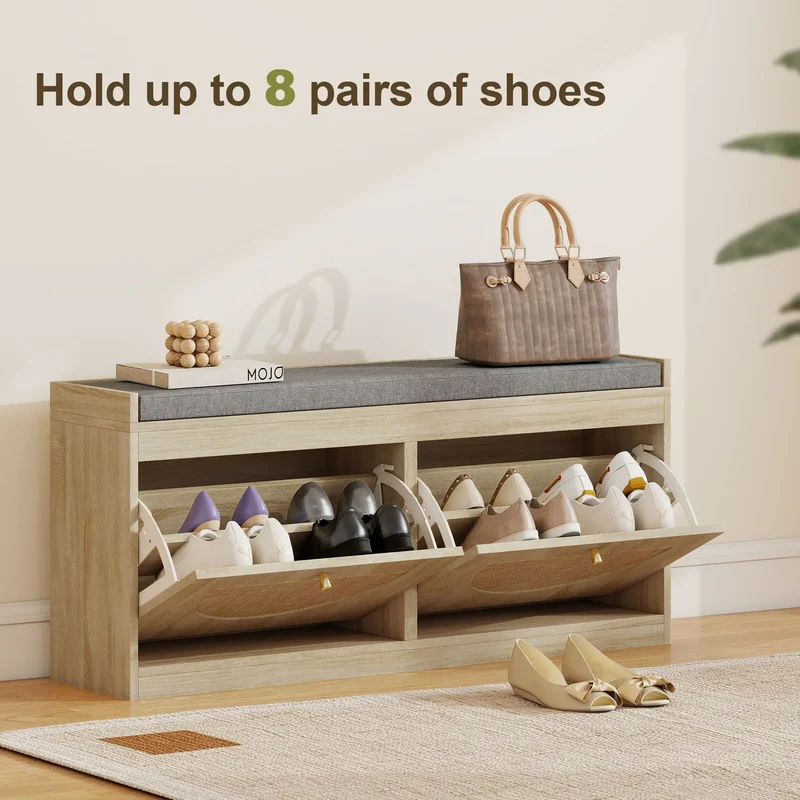 Shoe Bench with Flip Doors, Seat Cushion, Adjustable Shelves, Natural Wood