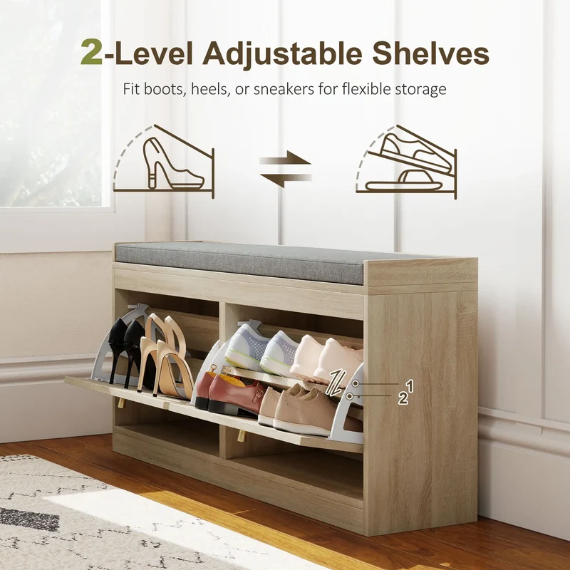 Shoe Bench with Flip Doors, Seat Cushion, Adjustable Shelves, Natural Wood