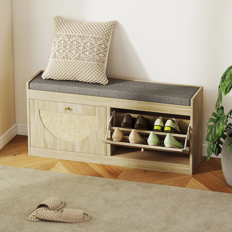 Shoe Bench with Flip Doors, Seat Cushion, Adjustable Shelves, Natural Wood