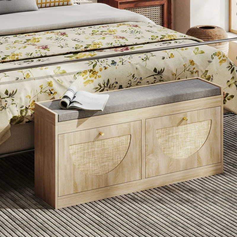 Shoe Bench with Flip Doors, Seat Cushion, Adjustable Shelves, Natural Wood