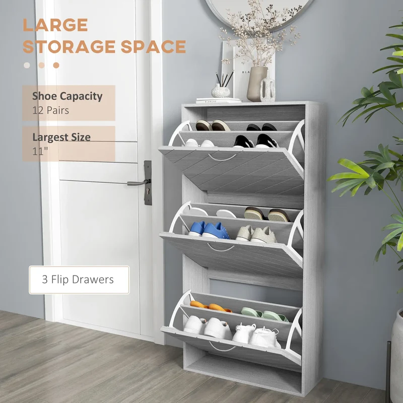 Shoe Storage Cabinet, 3 Flip Drawers, Slim 12 Pair Organizer