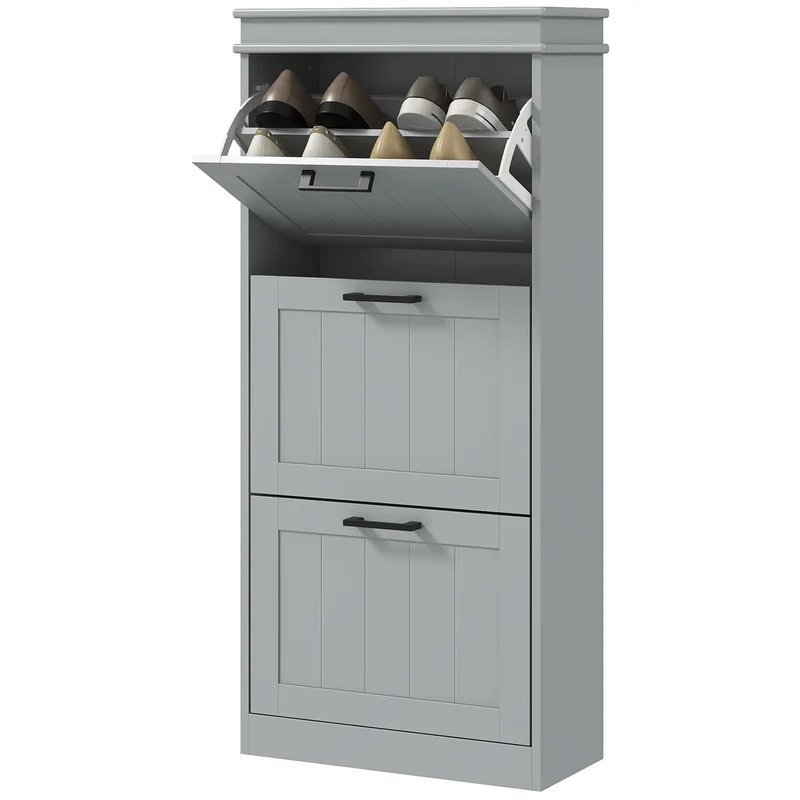 Slim Shoe Cabinet, 3 Flip Drawers, Adjustable Shelves, 15 Pairs, Grey