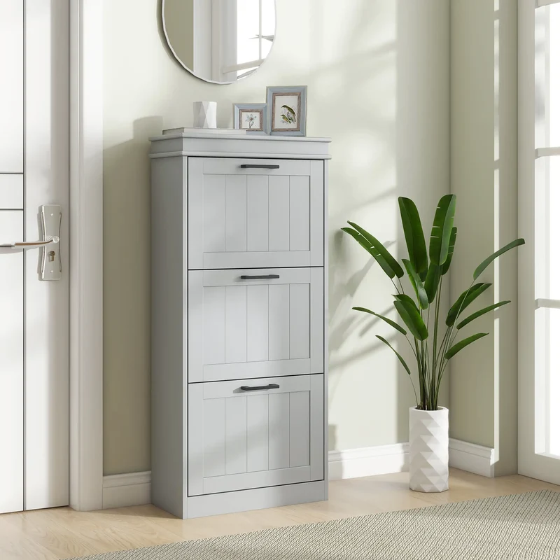 Slim Shoe Cabinet, 3 Flip Drawers, Adjustable Shelves, 15 Pairs, Grey