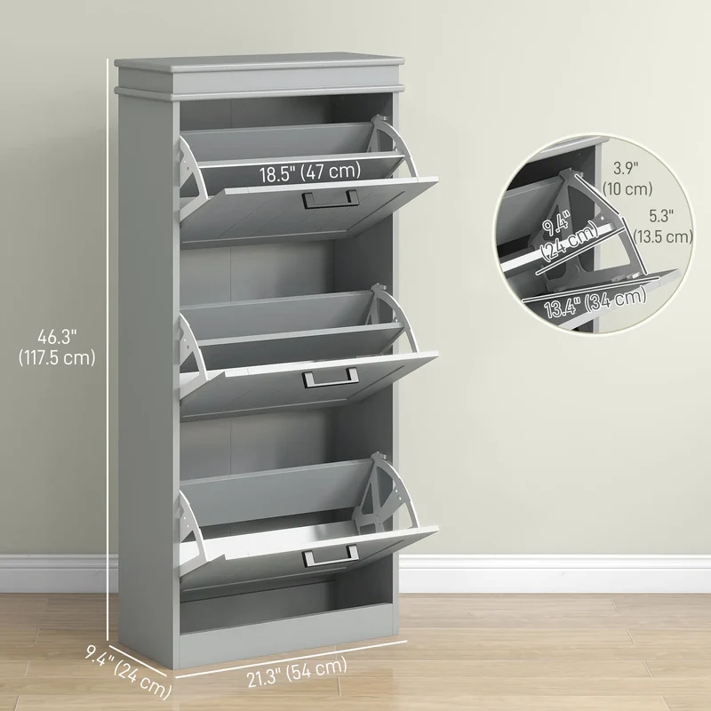 Slim Shoe Cabinet, 3 Flip Drawers, Adjustable Shelves, 15 Pairs, Grey