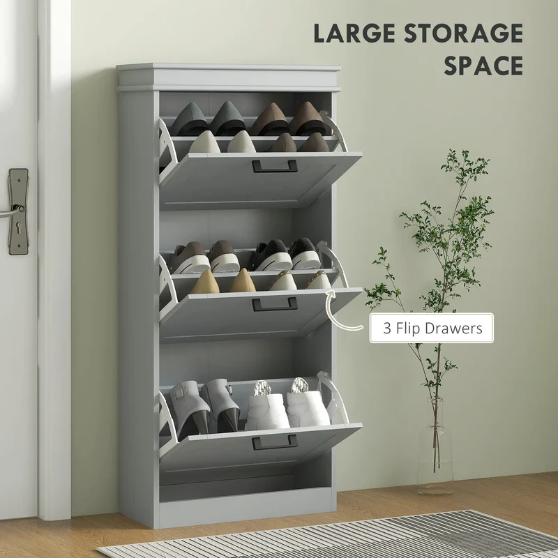 Slim Shoe Cabinet, 3 Flip Drawers, Adjustable Shelves, 15 Pairs, Grey