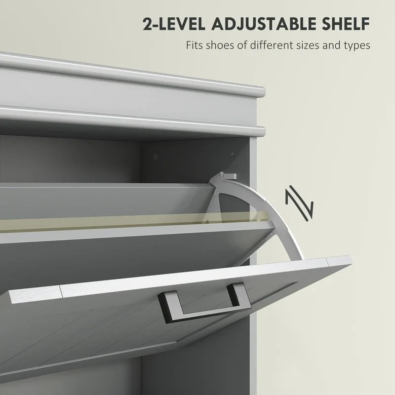 Slim Shoe Cabinet, 3 Flip Drawers, Adjustable Shelves, 15 Pairs, Grey