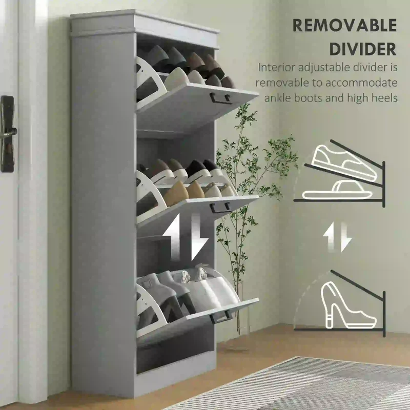 Slim Shoe Cabinet, 3 Flip Drawers, Adjustable Shelves, 15 Pairs, Grey