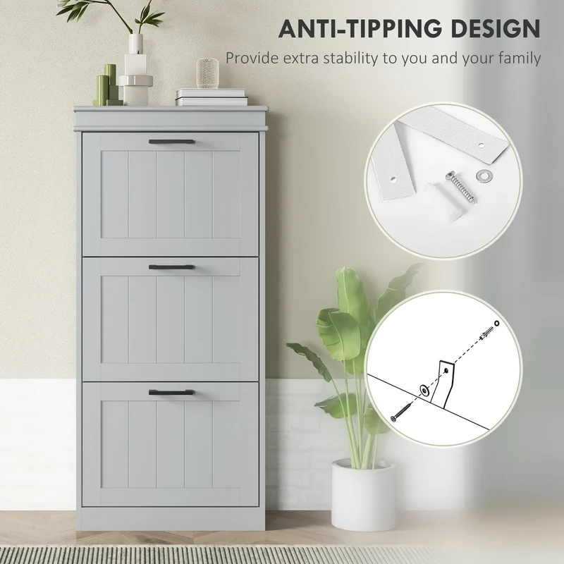 Slim Shoe Cabinet, 3 Flip Drawers, Adjustable Shelves, 15 Pairs, Grey
