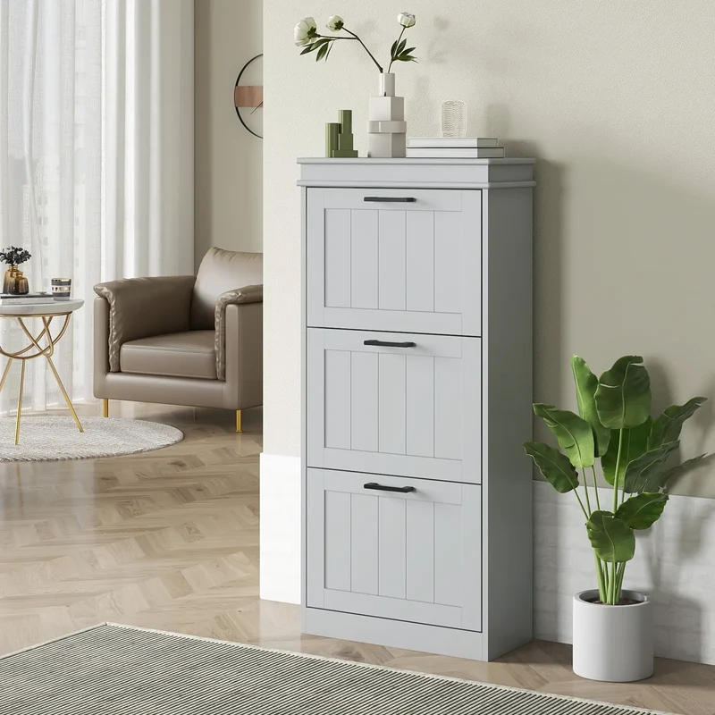 Slim Shoe Cabinet, 3 Flip Drawers, Adjustable Shelves, 15 Pairs, Grey
