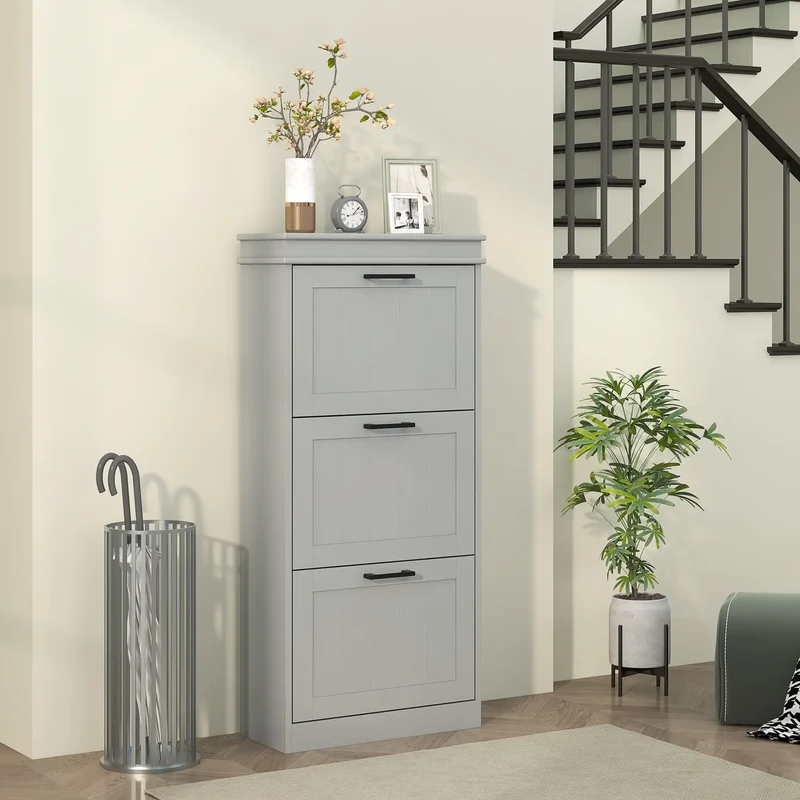Slim Shoe Cabinet, 3 Flip Drawers, Adjustable Shelves, 15 Pairs, Grey