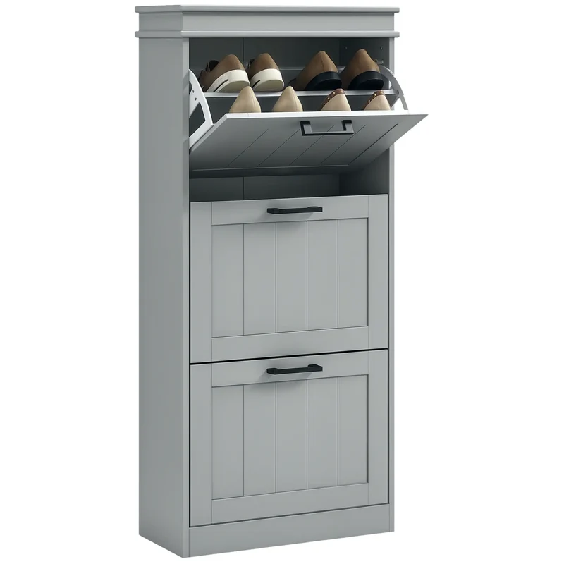Slim Shoe Cabinet, 3 Flip Drawers, Adjustable Shelves, 15 Pairs, Grey