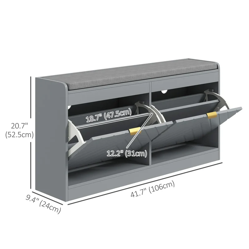 Shoe Storage Bench with Seat, 2 Flip Drawers, 4 Vents, Holds 8 Pairs