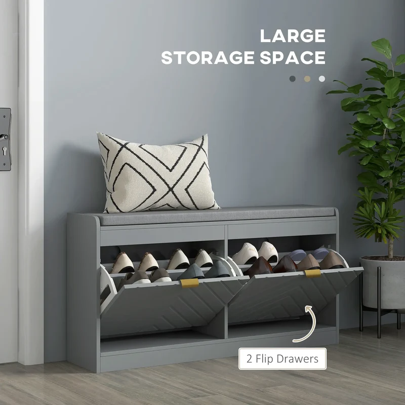 Shoe Storage Bench with Seat, 2 Flip Drawers, 4 Vents, Holds 8 Pairs