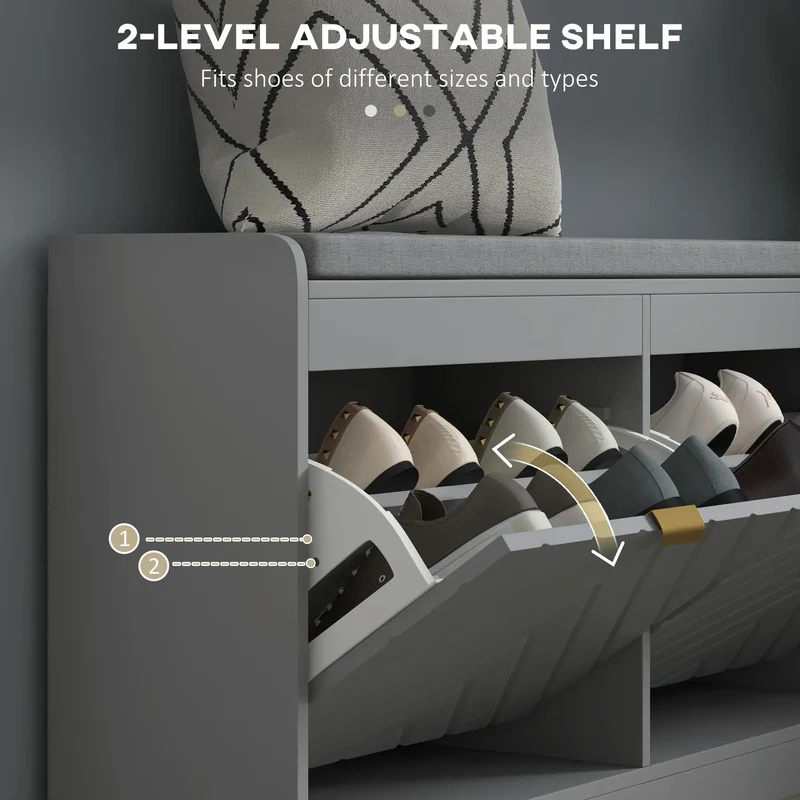 Shoe Storage Bench with Seat, 2 Flip Drawers, 4 Vents, Holds 8 Pairs